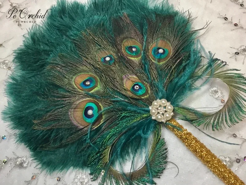 Abanico de plumas de avestruz verde PEORCHID para novia, ramo de pavo real para dama de honor, regalo para el gran Gatsby de los 1902, abanico de mano para ramo de boda