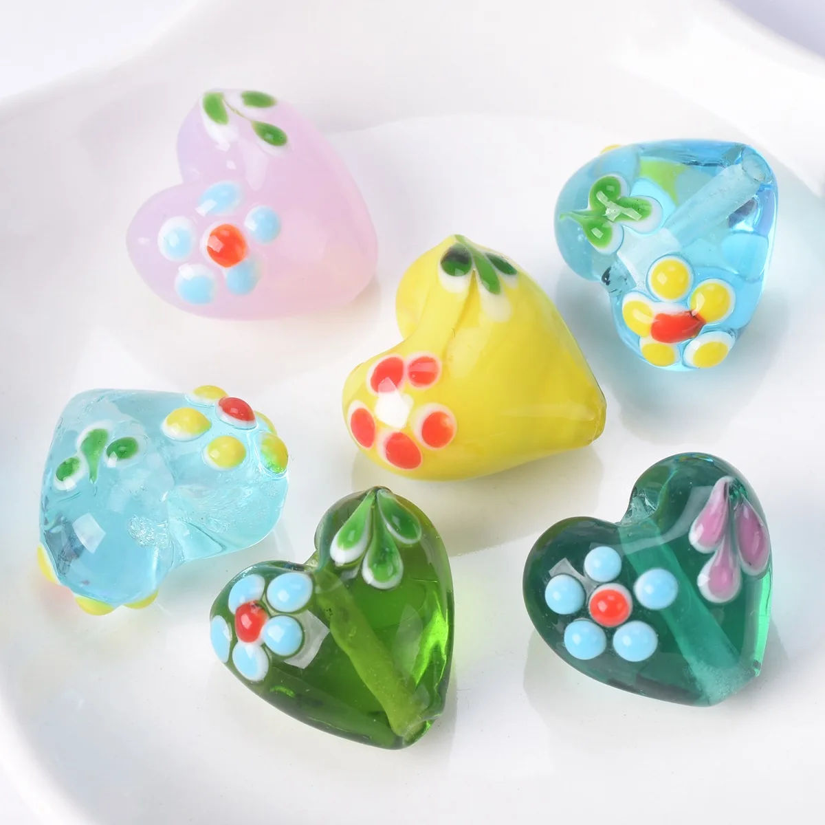 10pcs 16x14mm Heart Shape Patterns Handmade Lampwork Glass Loose Beads for DIY Crafts Jewelry Making Findings