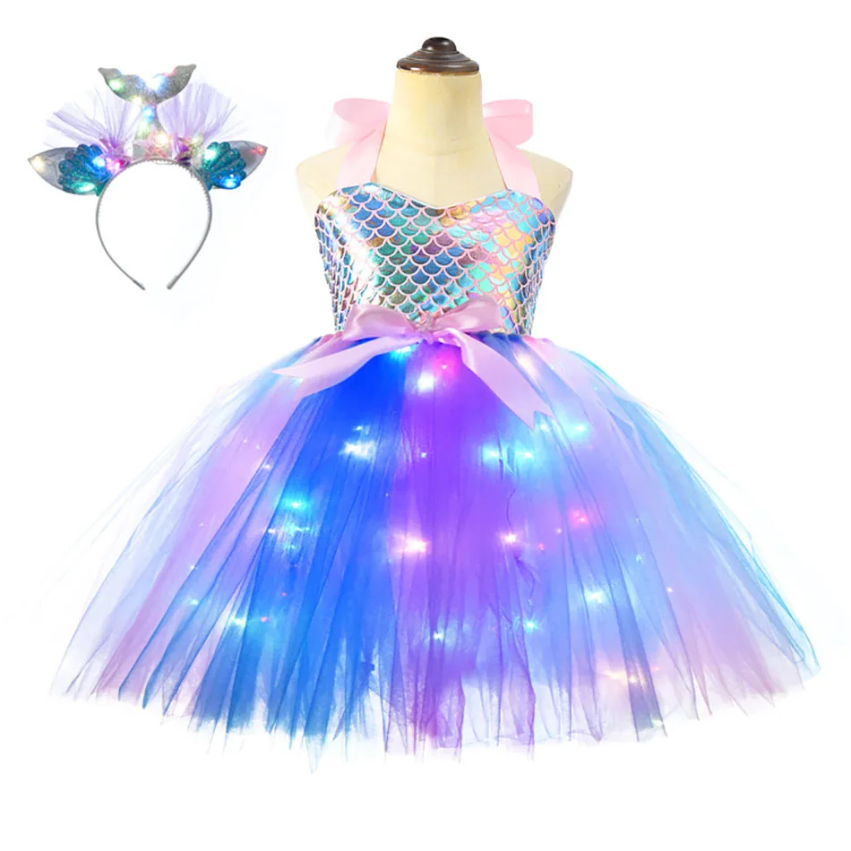 Girls Pastel Dresses with LED Lights Kids Birthday Party Glowing Dress Children Mermaid Costumes Baby Girl Rainbow Unicorn Tutu