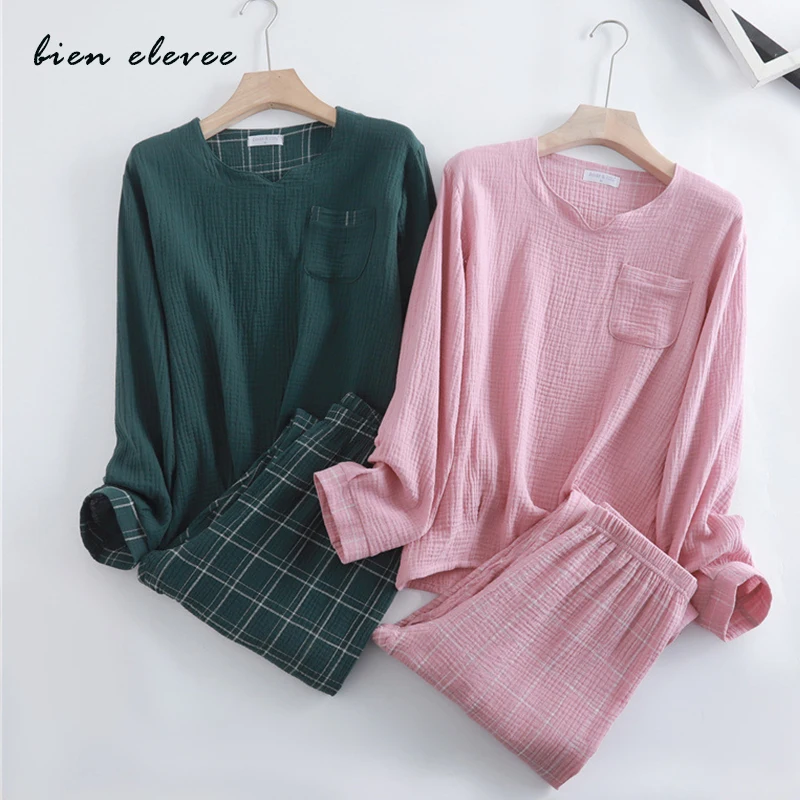 

Women Cotton Pajamas Sets Japanese Style Cotton Sleepwear Long-Sleeve Yarn Spring Summer Pijamas Solid Color Homewear Pink 2PCS