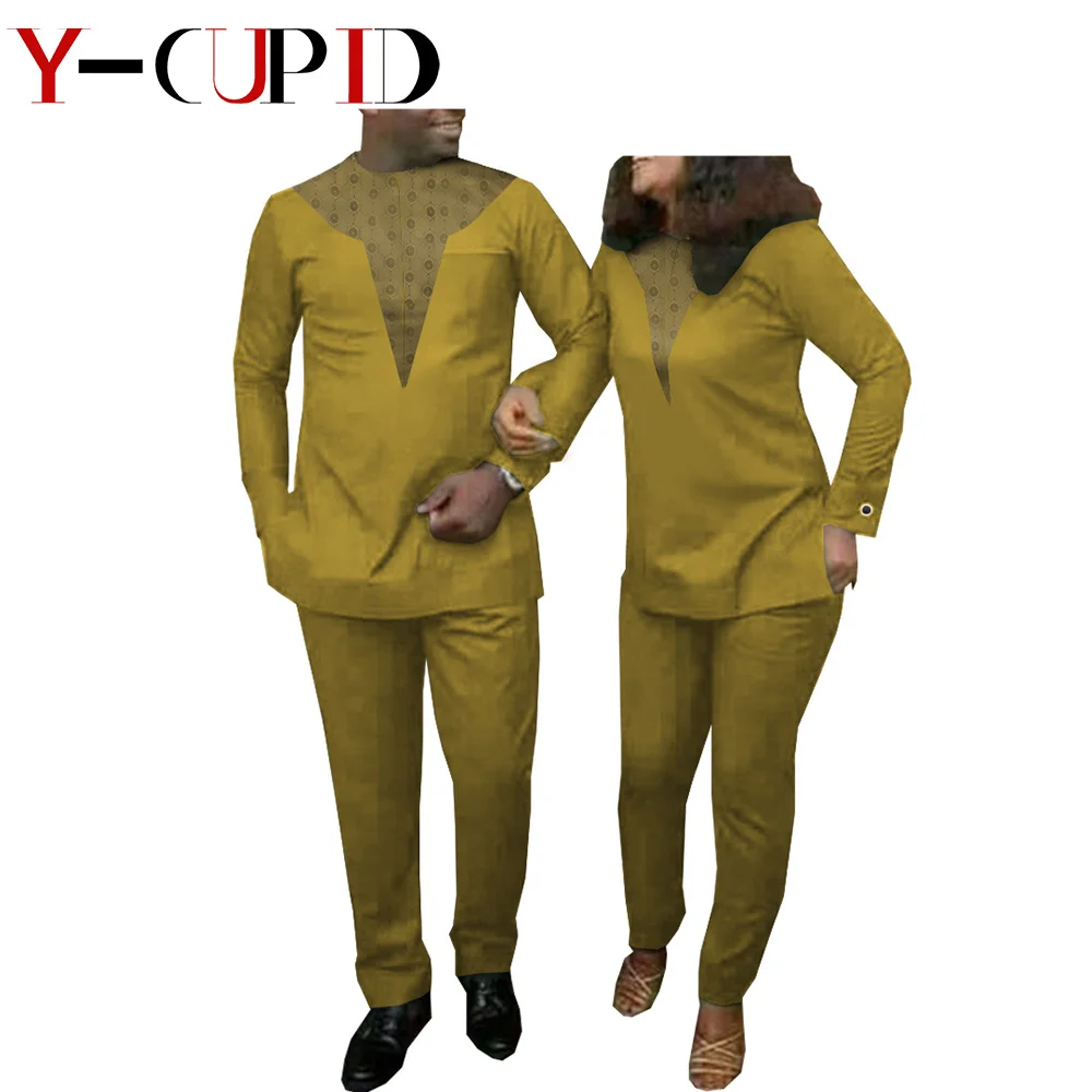 African Clothes for Couples Bazin Riche Women Top and Pants Sets Matching Men Outfits 2 Pieces Patchwork Pants Sets YA20C001