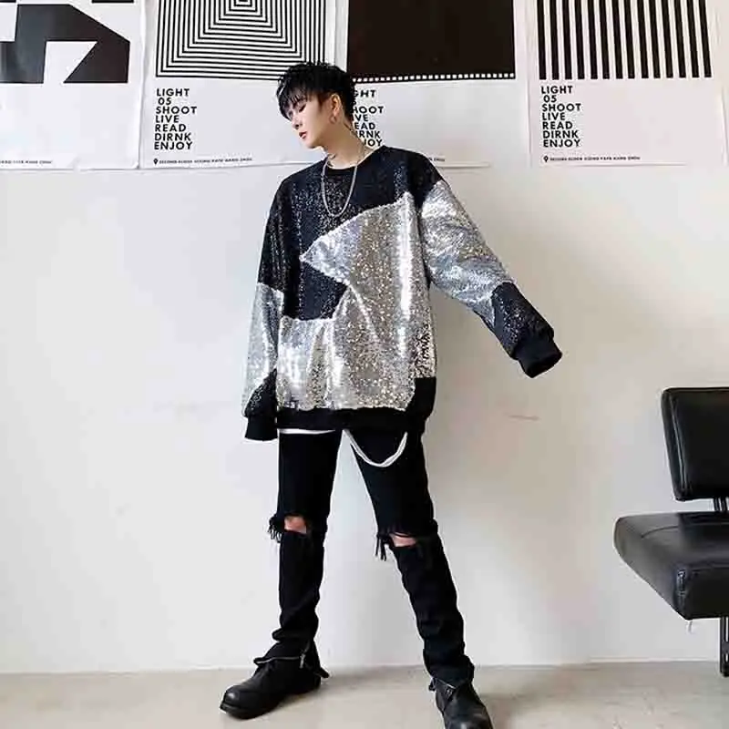 

Pullover fashion store hip hop Plush autumn loose ins Sequin Crew Neck Sweater men's night Guochao jacket