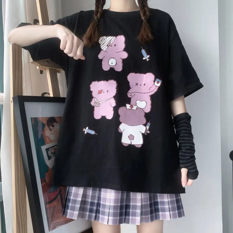 Cute Cartoon Clothes Loose Oversize Women T-shirt Punk Grunge Streetwear Black Top Harajuku Vintage Dropshipping Short Sleeve