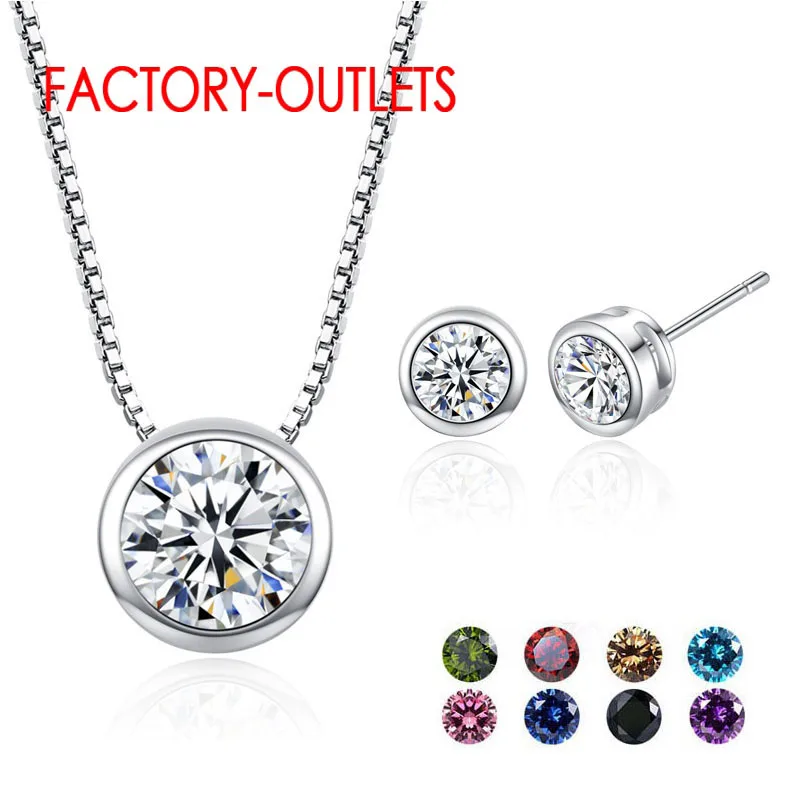 925 Sterling Silver Pendant Necklace Stud Earrings 9 Colours Fashion Jewelry Set CZ  Crystal Women Girls Party Engagement