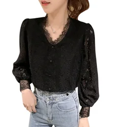 Women's Fashion V Neck Shirts Spring Autumn Lace Sweet Sexy Long Sleeve Blouse Tops