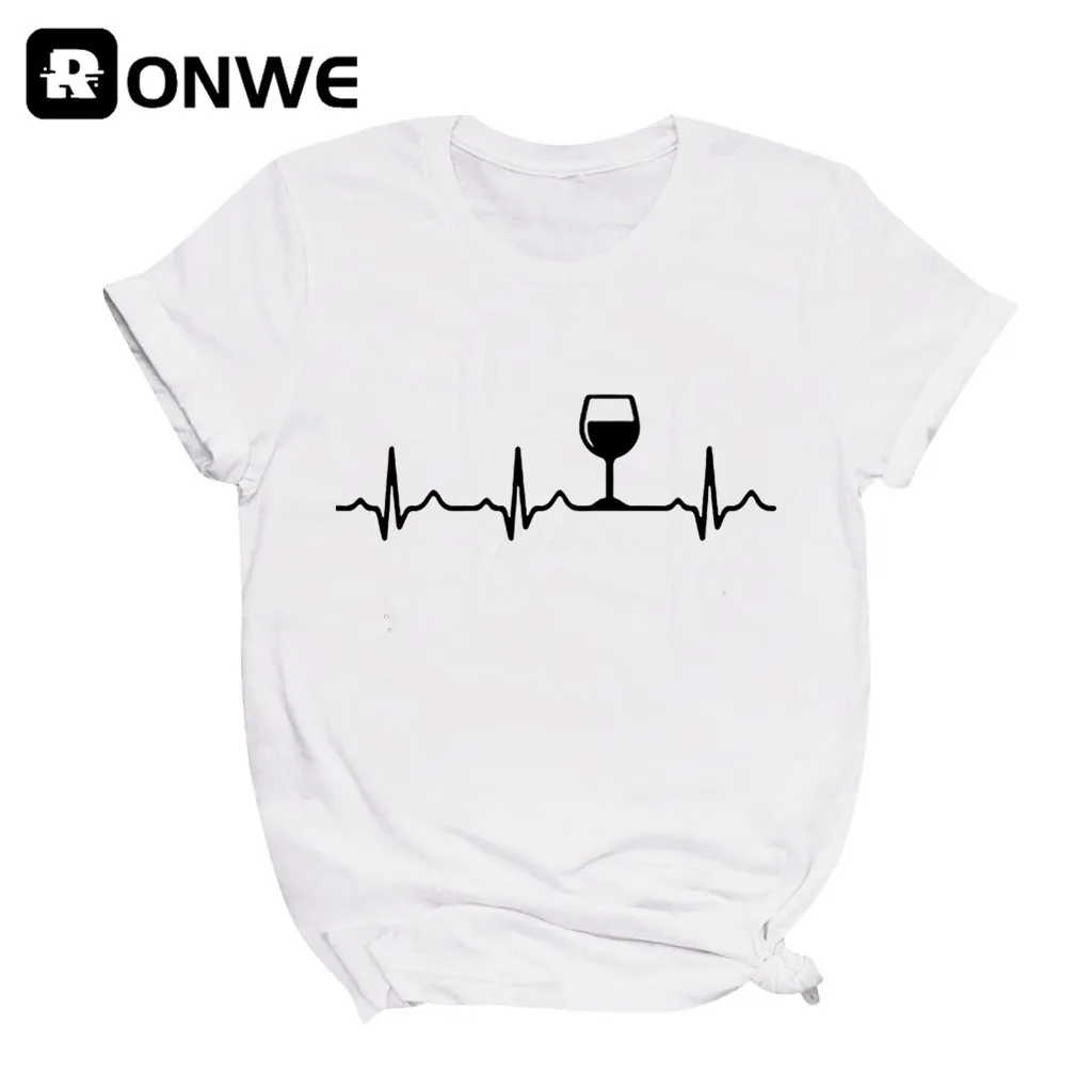 Women\'s Wine Heartbeat Printed Short Sleeve T-shirt, Vintage Tops, Female Tee, Harajuku Clothing, Streetwear