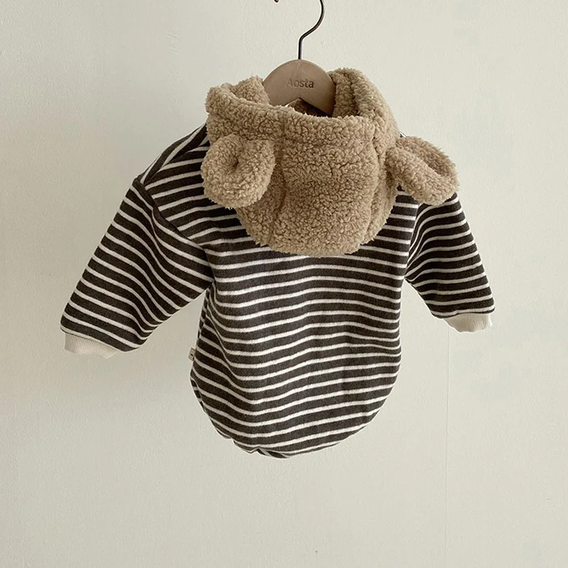 2024 Autumn Winter New Baby Plus Fleece Rabbit Ears Hoodies Children Girl Striped Long Sleeve Tops Kid Boy Cotton Bear T-shirt