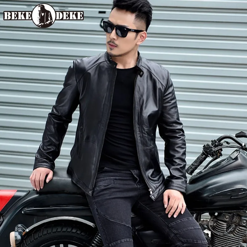 High Quality New Mens Short Slim Genuine Leather Biker Jacket O-Neck Zippers Pockets Sheepskin Fashion Korean Style Coat