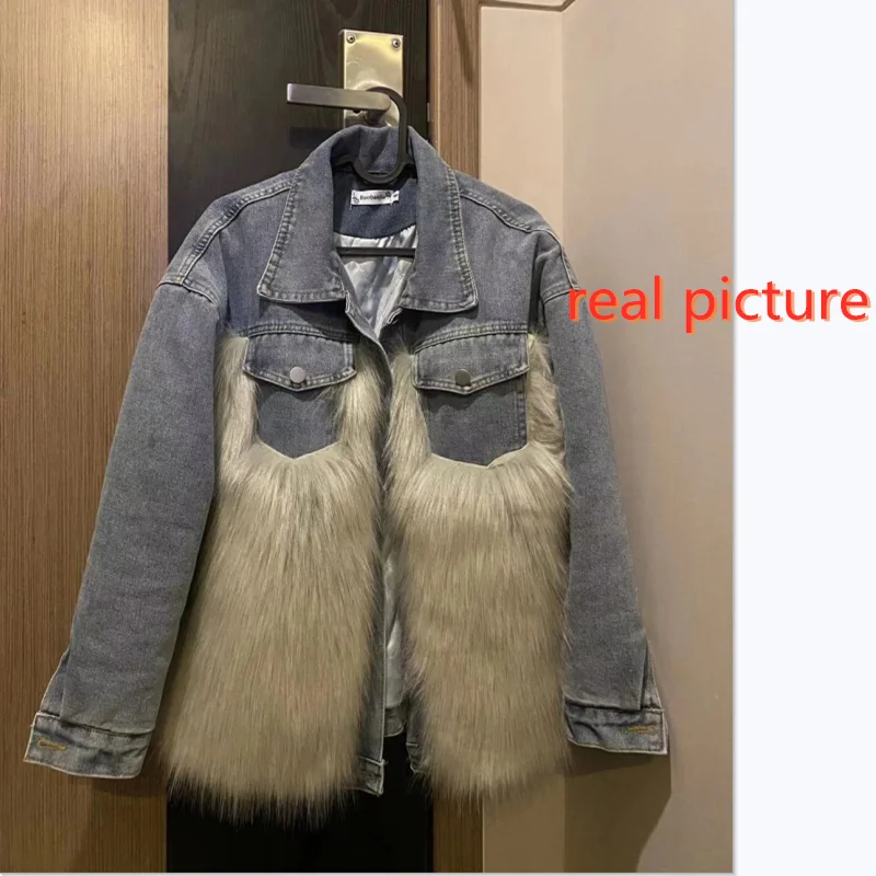 Female Winter cowboy Fake fur coat Casual Outerwear Loose plus size Thick Warm Denim Jacket Women Fake fur overcoat