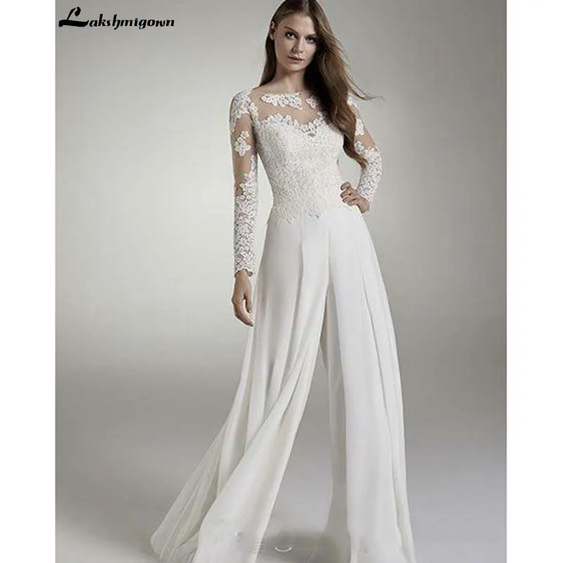 Kant Wedding Bridal Jumpsuits Lange Mouwen Sheer Jewel Sheer Hals Applique Chiffon Pakken Trouwjurken Robe De Mariee