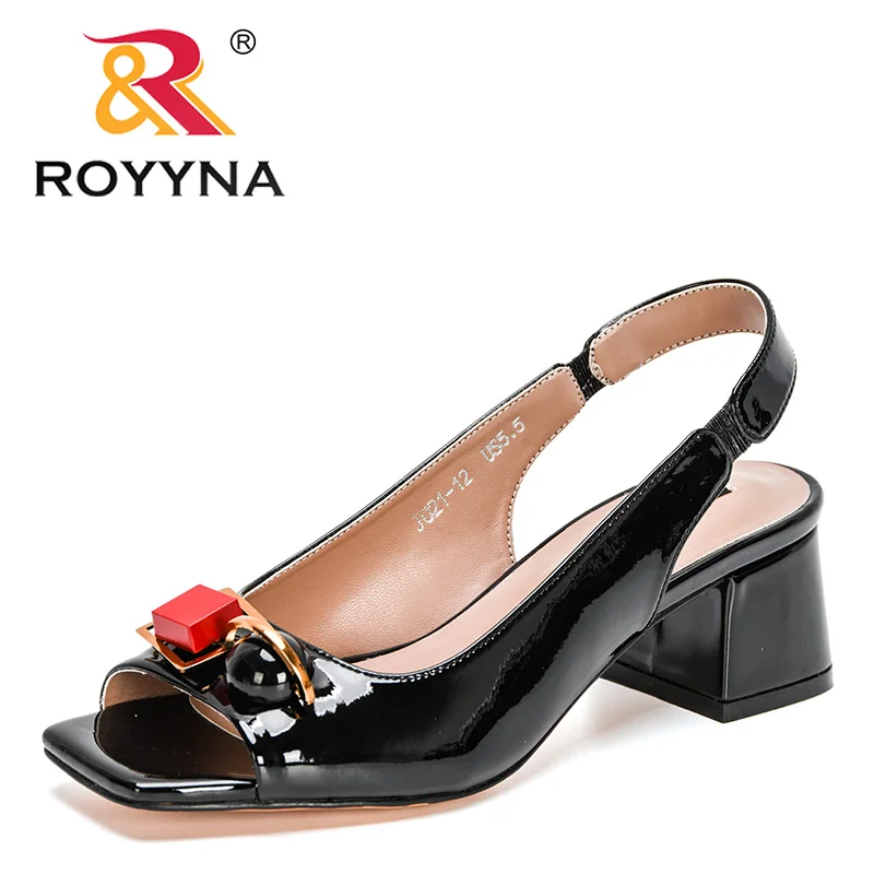 

ROYYNA 2021 New Designers Genuine Cow Leather Summer Women Sandals High Heel Height Buckle Strap Metal Decration Shoes Feminimo