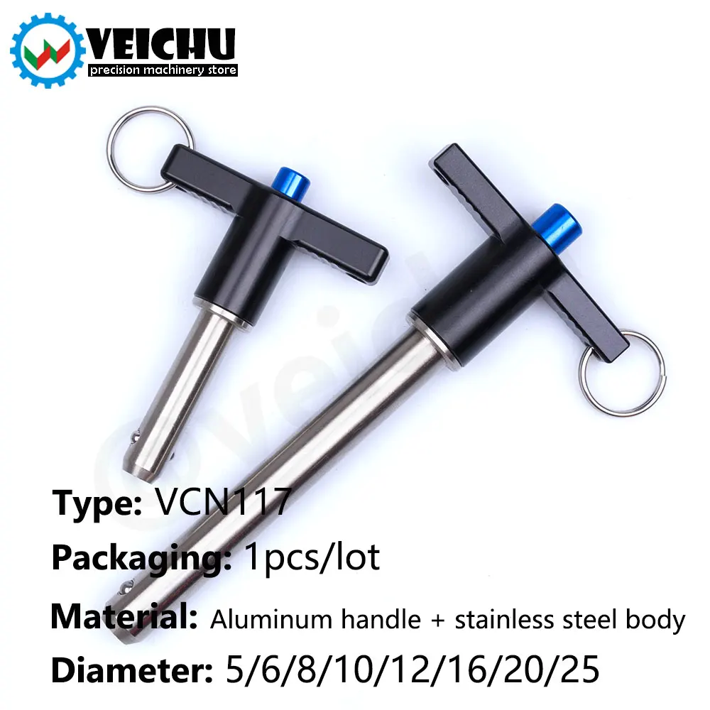 VEICHU 1pcs T-Handle Aluminum Grip Fastening Locating Safety Pins VCN117 Quick Release Button Pins Ball Lock Pins With Ring