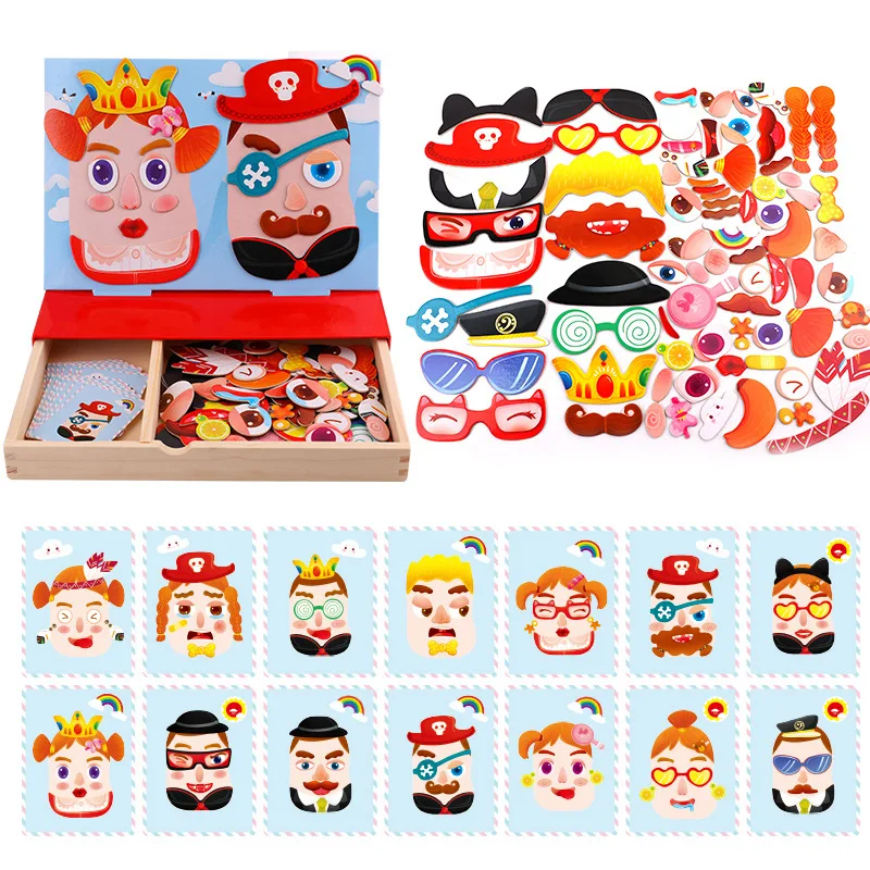 

Wooden Children's Puzzle Magnetic Refrigerator Paste Characters Animal Replacement Collage Early Teaching Puzzle Board Toys