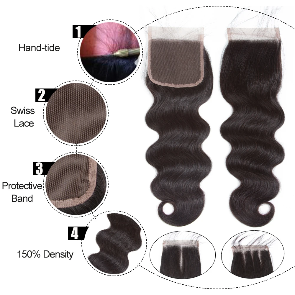 Brazilian Human Hair Lace Closure 4X4 Lace Closure Body Wave Swiss Lace Closure 1-24 Inch Free/Middle Part Remy Hair Pre Plucked