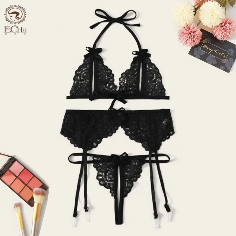 

3Pcs Bow Sexy Bra Set Women's Underwear Set Lace Lingerie Set Transparent Lenceria Encaje Sexy Underpants Set Bra And Panty Set