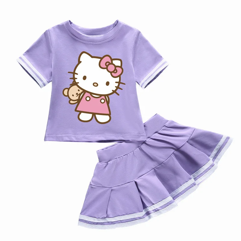 Hello Kitty Summer Girls Cartoon abito in due pezzi di cotone T-shirt a maniche corte girocollo per bambini + gonna a pieghe abito dolce carino