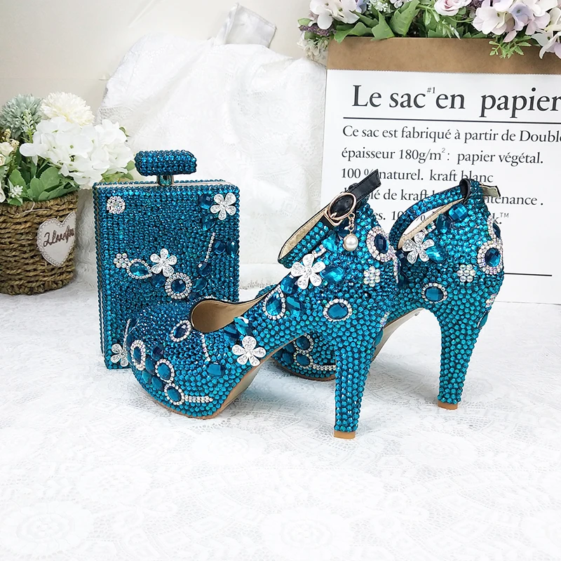 BaoYaFang Luxury Bluish Green Crystal shoe and Bags set woman High heel Ladies Party shoes and purse Fashion Wedding shoes