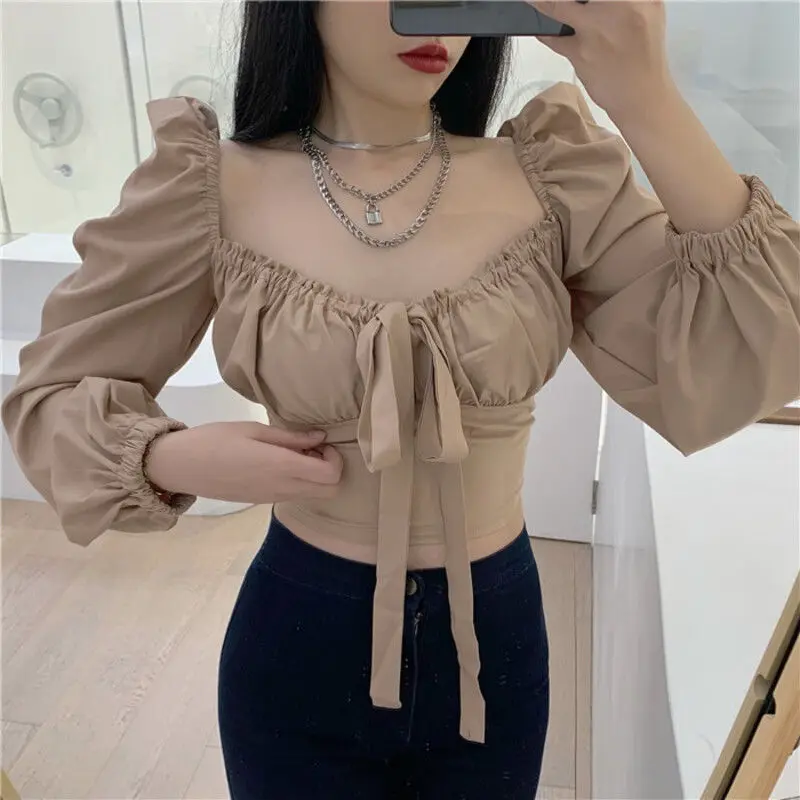 Blouses Women Long Sleeve Sexy Elegant Square Collar Slim Cropped Tops Streetwear Harajuku Korean Hip Hop Sweet Bow Pink Girls