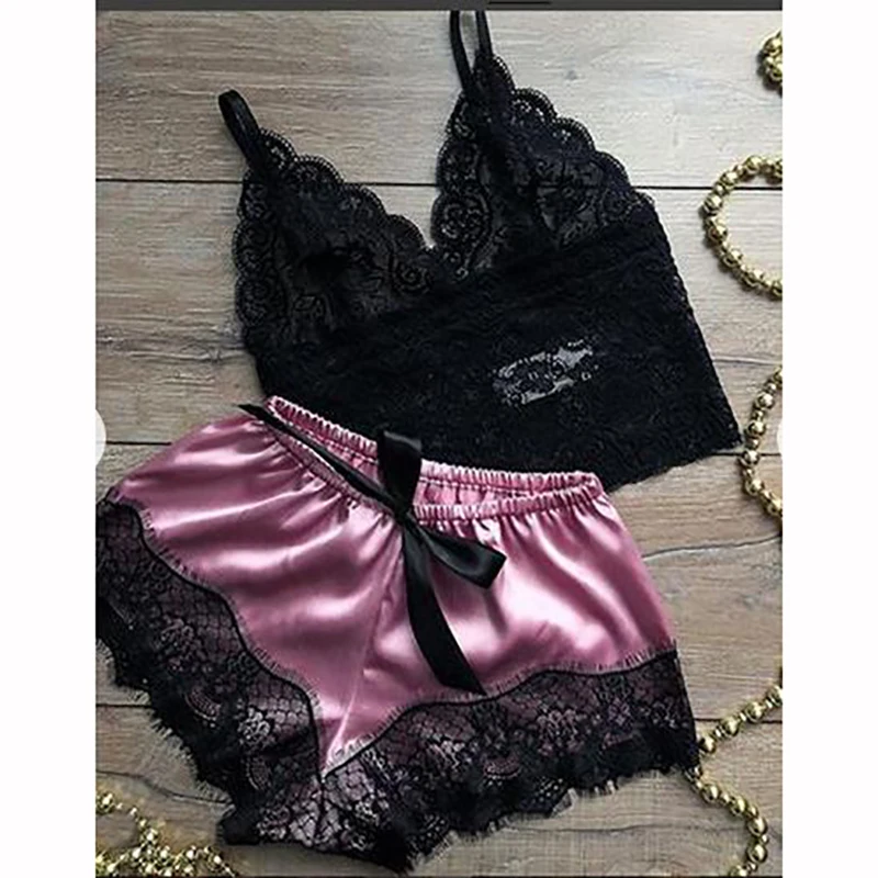 Pijamas sem mangas sexy com decote em v para mulheres, roupas íntimas de seda, lingerie de cetim, pijama, tops, conjuntos de sutiã e shorts, 2 peças