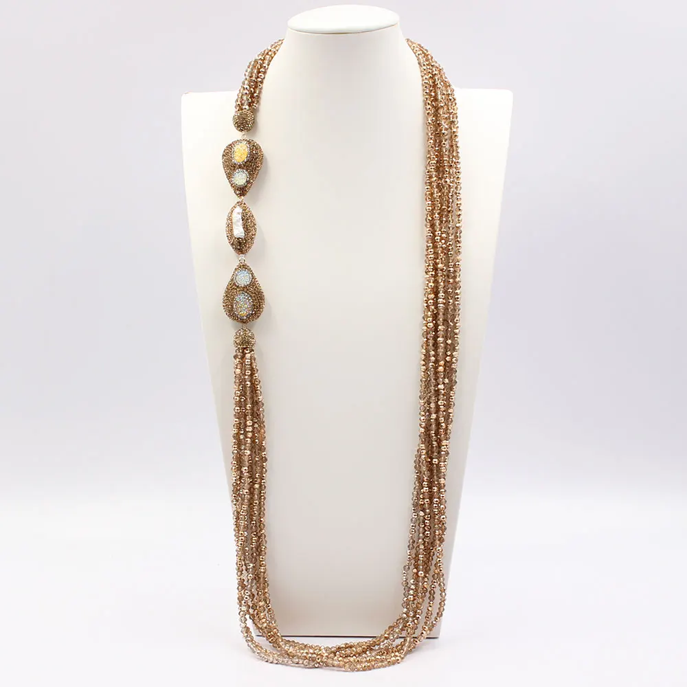 GG 38'' 7 Strands Yellow Golden Crystal Natural White Keshi Pearl CZ Rough Long Necklace Handmade For Women