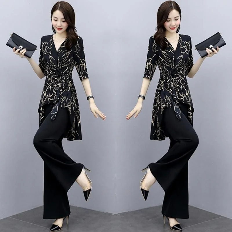 Women Two Piece Sets New Spring Summer Chiffon Print Top High Waist Wide Leg Pants Casual Fashion Suit Female Plus Size Clothing