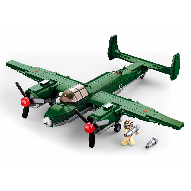 

SLUBAN WW2 Air Forces Military Army Soviet Union TU-2 Bomber Fighter Aircraft MOC Model Building Block Classic Movie Kids Toys