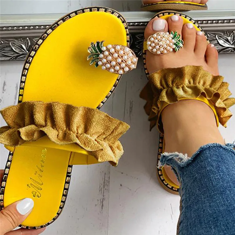 Women Slipper Pineapple Pearl Flat Toe Bohemian Casual Beach Sandals Ladies Shoes Platform 2023 Designer Black Slides Wholesale