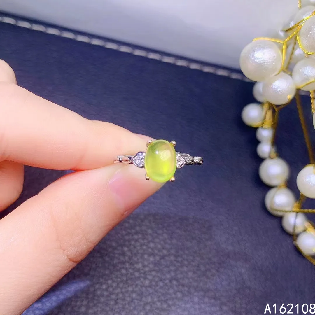 

Fine Jewelry 925 Sterling Silver Inset With Natural Gems Women's Luxury Popular Oval Simple Prehnite Adjustable Ring Support Det