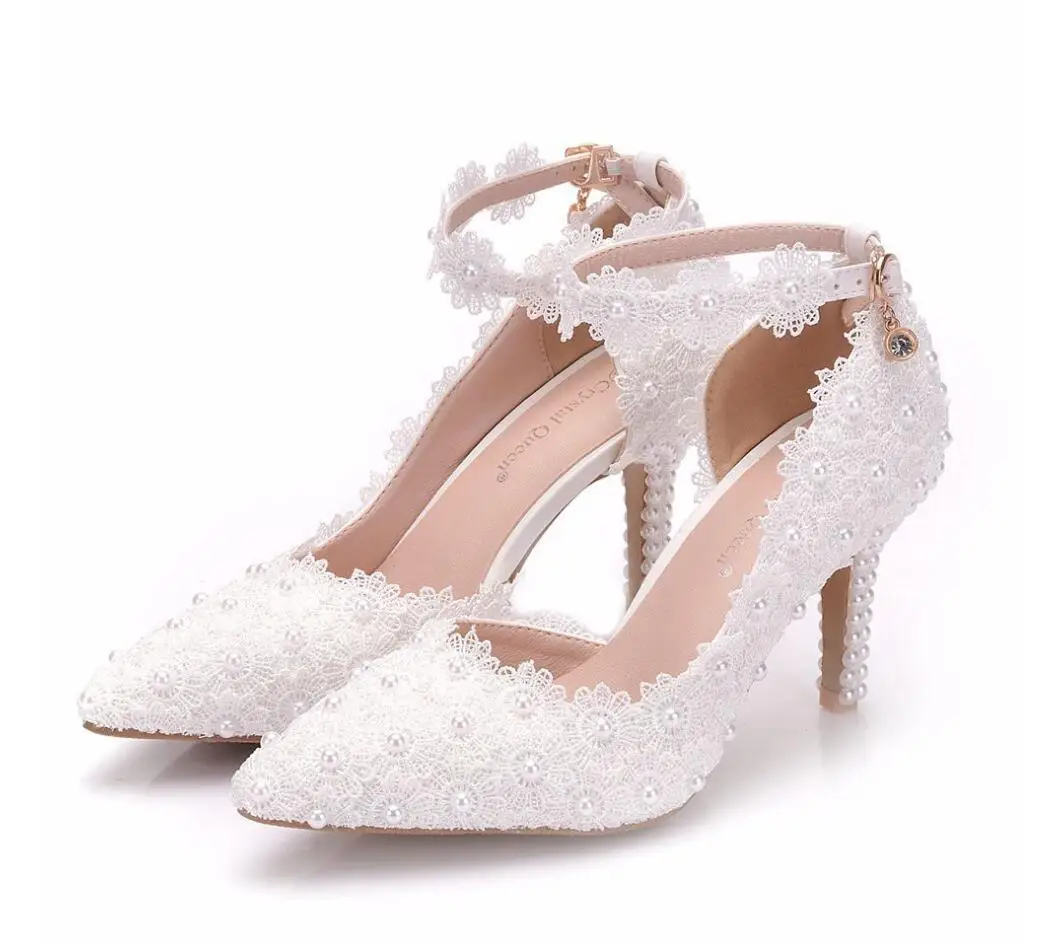 White lace heels wedding shoes bridal party shoes women\'s high heel shoes bridal shoes plus size 34-41