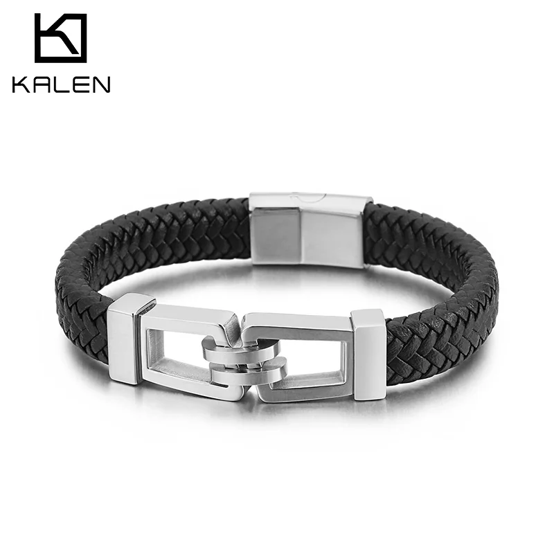 Kalen Rectangular Lock Stainless Steel Bracelet Men's Fashion Leather Bangles Chunky Trendy Jewelry Party Gift