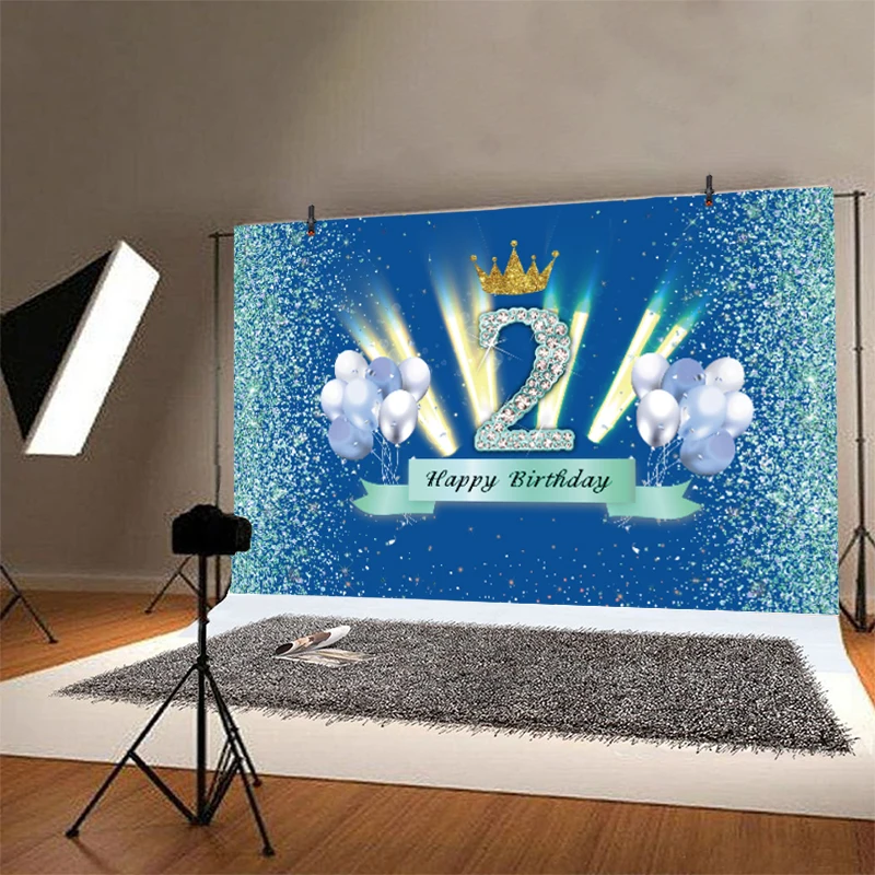 2 Years Photo Backdrop 2nd Girls Boy Crown Happy Birthday Party Two Photograph Background Banner Decoration Prop