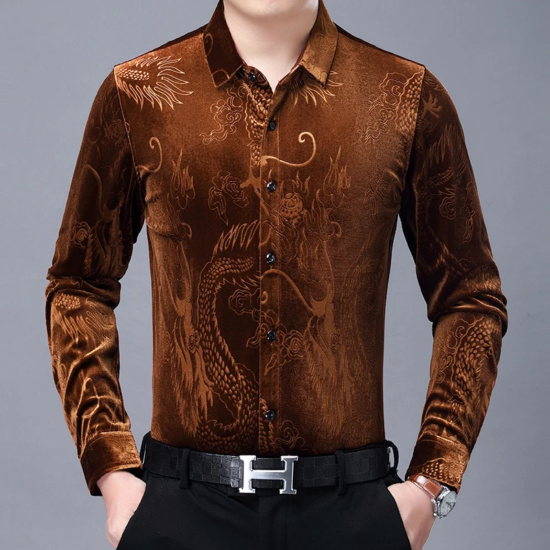 Gold Mens Velvet Shirts Father Collar Male Dress for Stout Fat Velour Winter Blouse With Dragons for Mens Flannel Black Shirts