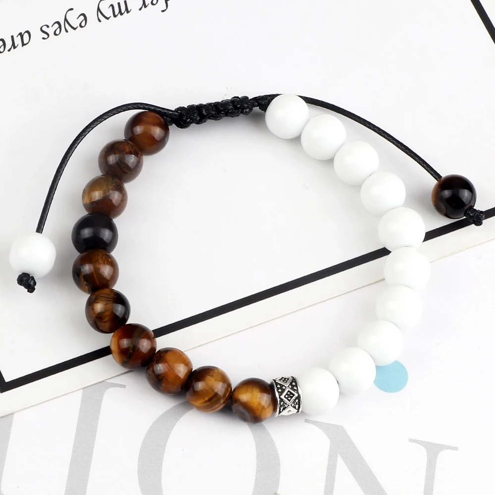 Trendy White Men Beads Bracelet Handmade Natural Tiger Eye Lava Stone Onyx Strand Adjustable Bracelets Women Yoga Energy Jewelry