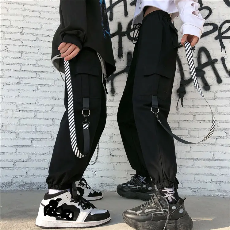 Women's Cargo Pants Loose Harajuku Pants Ribbons Hip Hop Korean Female Joggers Straight Ankle Banded Casual Trousers Sweatpants