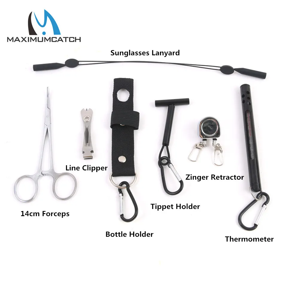 Maximumcatch Fly Fishing Accessory Kit Fishing Forceps&Zinger Retractor&Line Clipper&Bottle Holder&Tippet Holder & Thermometer