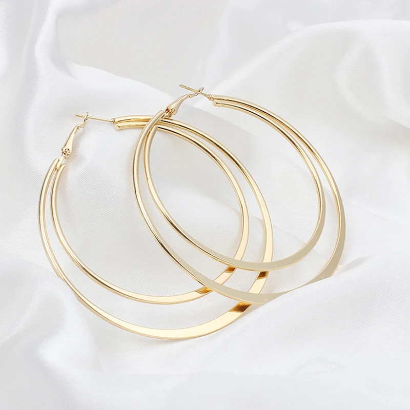 Women's Fashion Hyperbolic Big Hoop Earrings Two-Row Smooth Elegant Huge Huggies Charming Dangle Earring Piercing Jewelry Gift