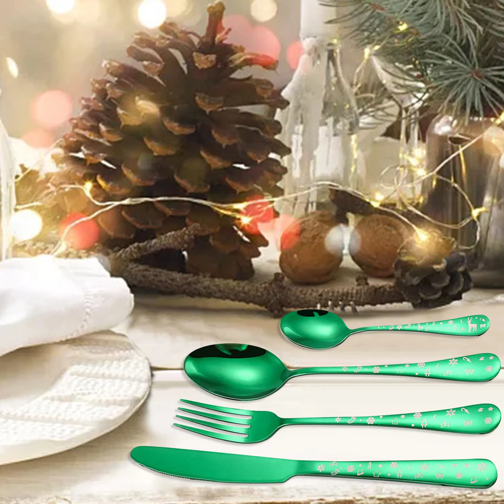 4pcs/set High Quality Christmas Flatware Set Stainless Steel Red Green Dinnerware Knife Fork Spoon Cutlery Kitchen Food 45a