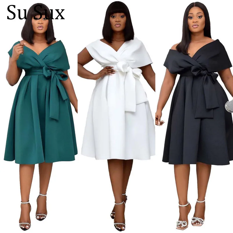 

Elegant A Line Dress African Clothes Robe Evening Party Dress Solid Slash Neck High Waist Bow Vestidos Christmas Clothing