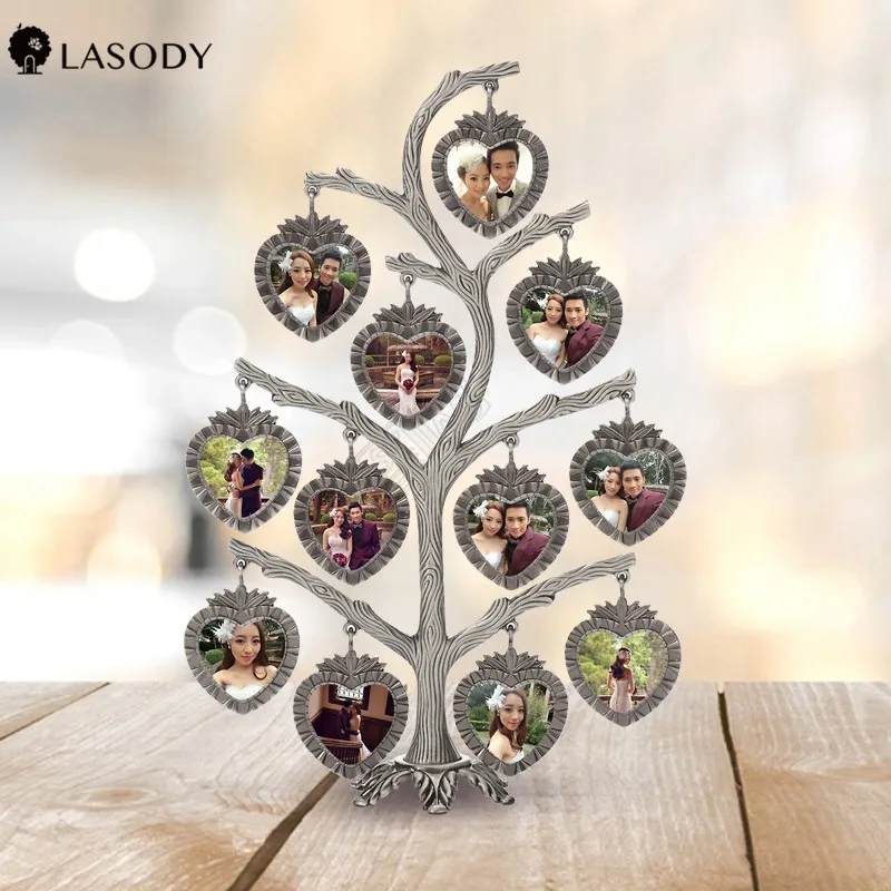 Anitque Silver Family Tree Picture Frame With 12 Hanging Photos Metal Tabletop Photo Frame Decoration