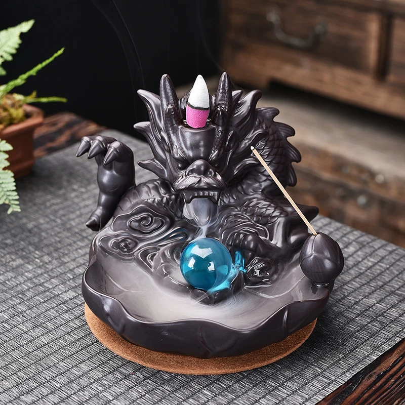 Dragon Backflow Incense Burner With Lucky Crystal Ball Ceramic Smoke Waterfall Incense Holder Censer Creative Home Decor