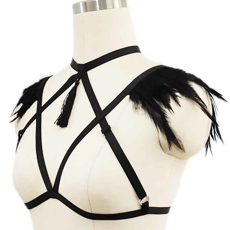 BONDAGE STRAPPY Feather Body Harness Bra Top Tassels Pendant Epaulets Bra Open Chest Body Cage Sexy Garter Belt Dance Clothing