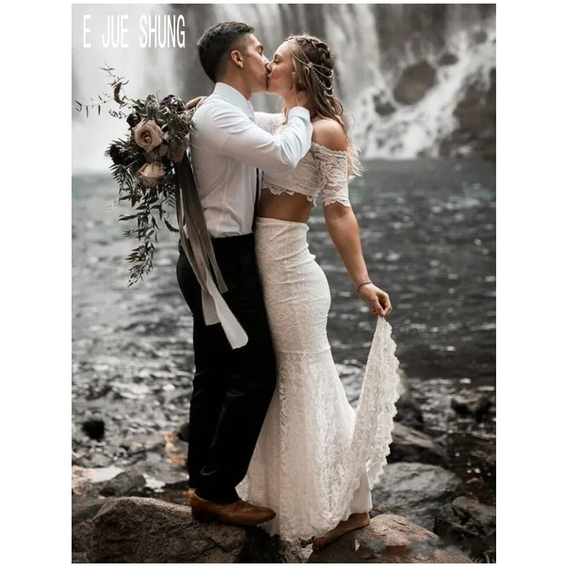 E JUE SHUNG Modern Two Piece Beach Wedding Dresses Off The Shoulder Short Sleeves Lace Mermaid Bridal Gowns Vestidos De Novia