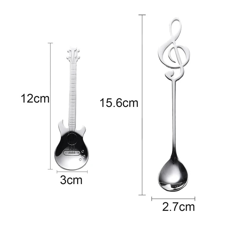 Cucharas de yo-café calientes, paquete de 6 cucharas creativas y bonitas de acero inoxidable con forma de notación Musical del personal (3 + 3 notas musicales guitarras)