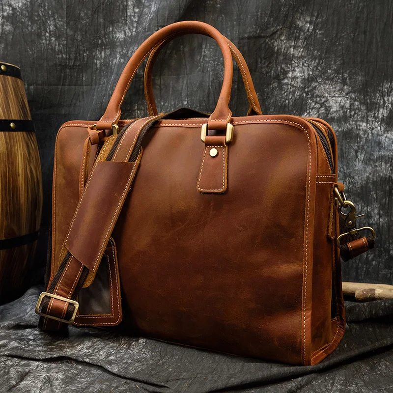 Newsbirds Mens Leather Handbag 15.6 Inch PC Notebook Laptop Briefcase Shoulder Bag 100% Cowhide Man Bag Male Business Bag