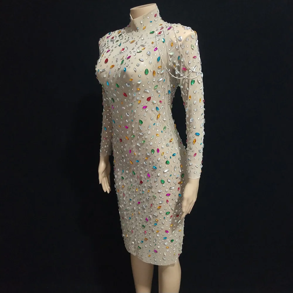 Fashion Sexy See Through Mesh Colorful Rhinestones Dress Women Birthday Evening Party Crystals Long Dresses Singer Stage Costume