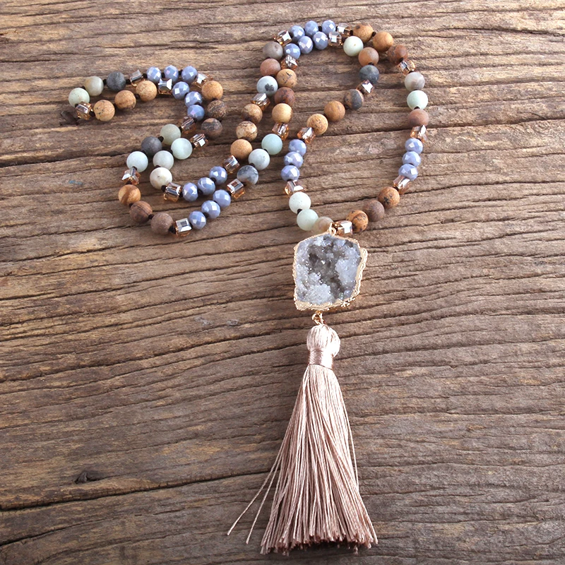 Fashion Boho Jewelry Natural Stones Long Knotted Necklace Druzy Stone Charm Tassel Necklaces