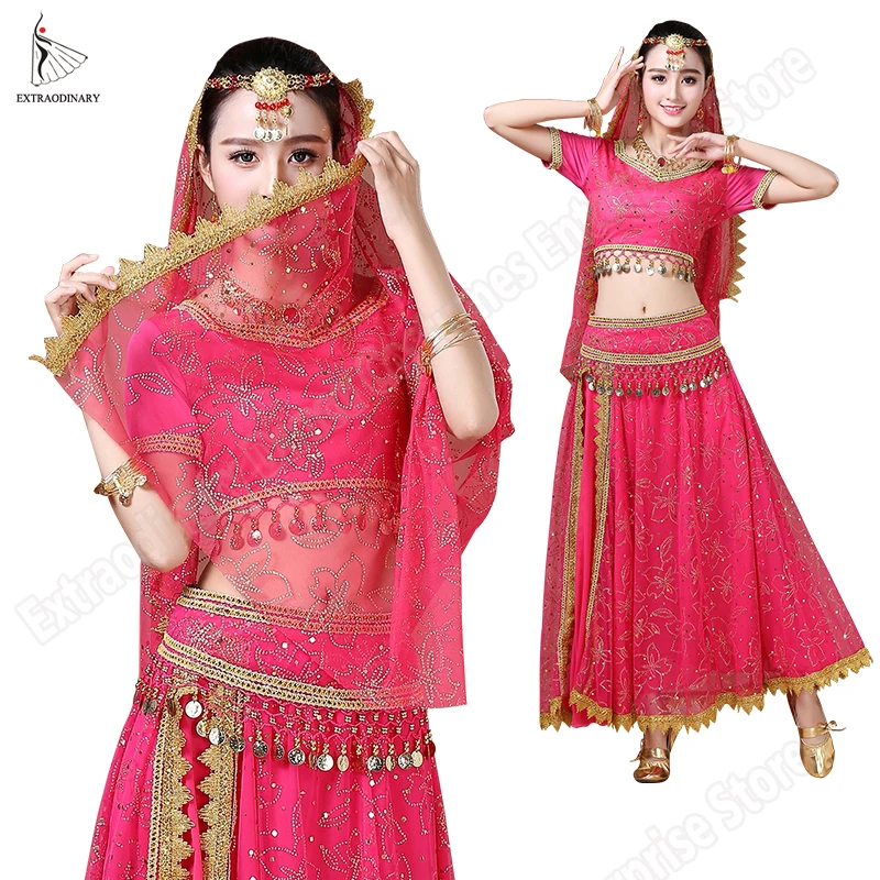 Bollywood Belly Dance Costume Set Indian Dance Sari Bellydance Skirt Suit Women Chiffon 5pcs (Headpieces Veil Top Belt Skirt)