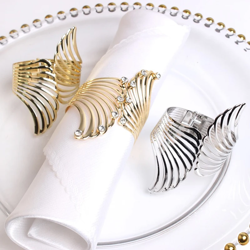 Gold Silver Angel's Wings Stainless Steel Napkin Rings Set Of 6 Pieces European Modern Home Decor Hollow Wings Metal Tableware