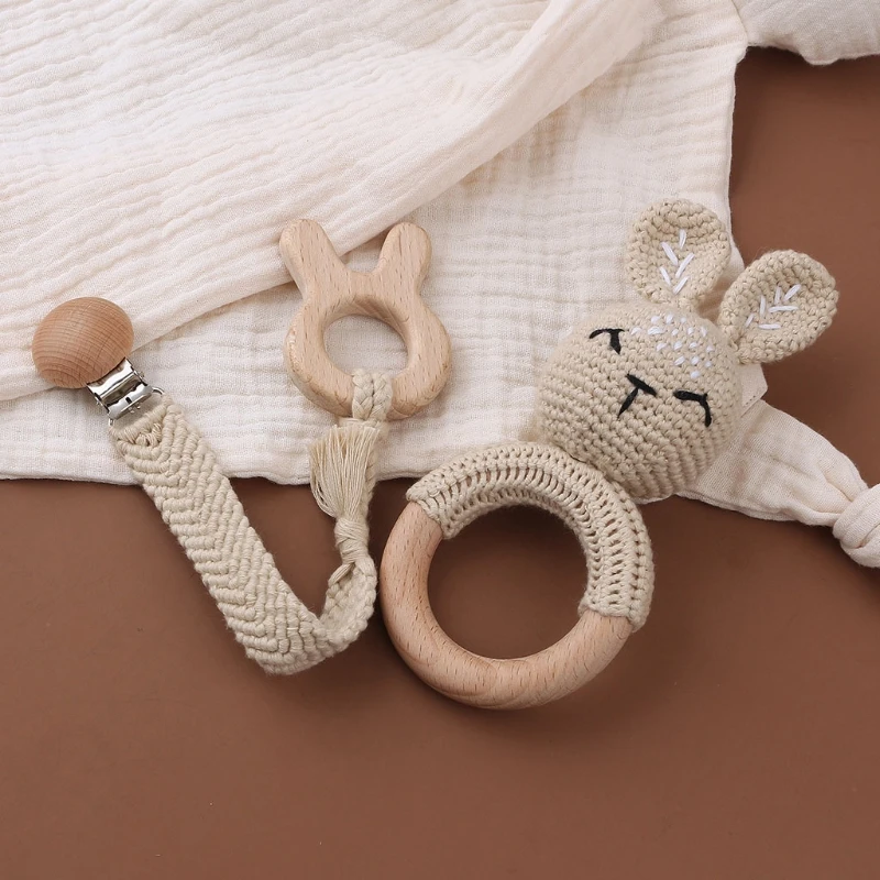 3Pcs/set Infants Shower Gift Baby Pacifier Chain Clip Beech Teether Wooden Teething Ring Newborn Crochet Animal Rabbite Rattle