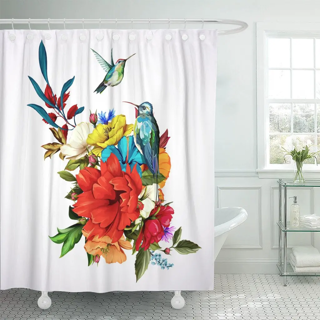 Bouquet of Flowers Roses Poppy Cornflowers and Two Hummingbirds Shower Curtain Polyester 72 x 78 inches Set with Hooks